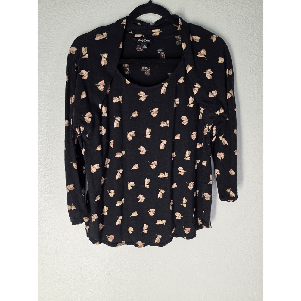 Lucky Brand Floral Top Size L Black 3/4 Sleeve Round Neck Casual Blouse Shirt